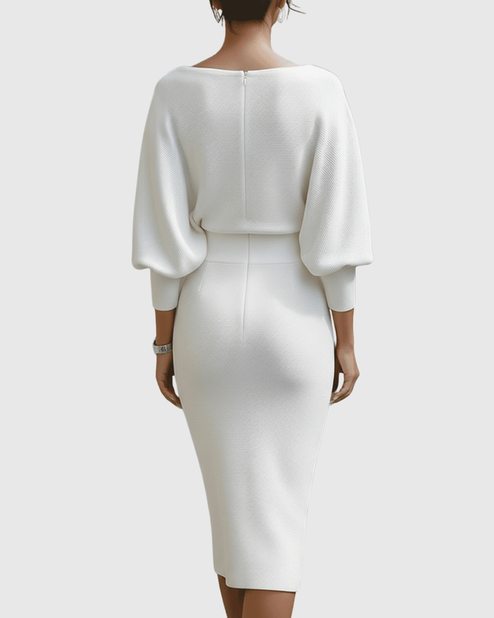 Ismeria | White Draped Batwing Midi Dress